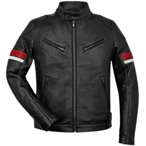Mens Black Leather Red and White Striped Cafe Racer Jacket