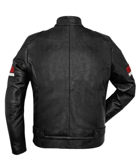 Mens Black Leather Red and White Striped Cafe Racer Jacket