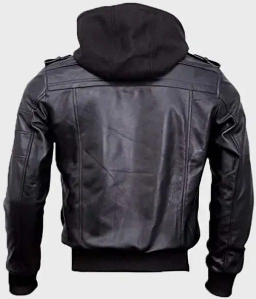 Mens Black Leather Bomber Jacket With Hood