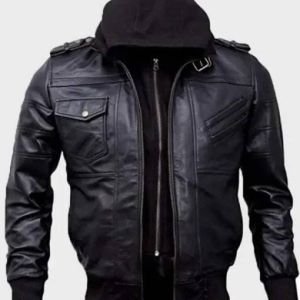 Mens Black Leather Bomber Jacket With Hood